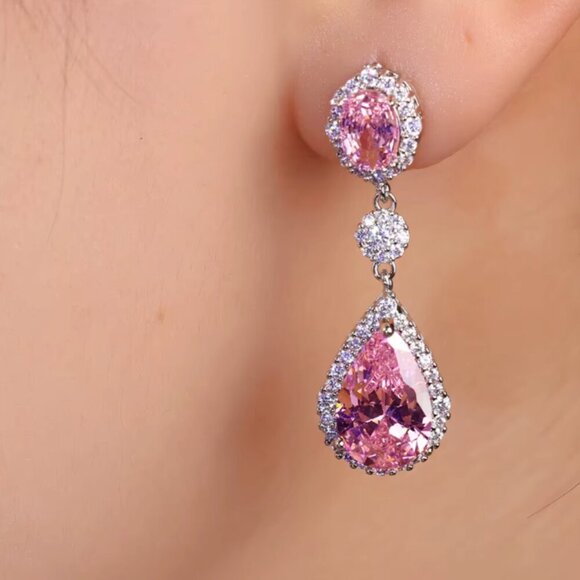 NEW 18k White Gold Pink Sapphire Diamond Drop Earrings - Picture 1 of 3
